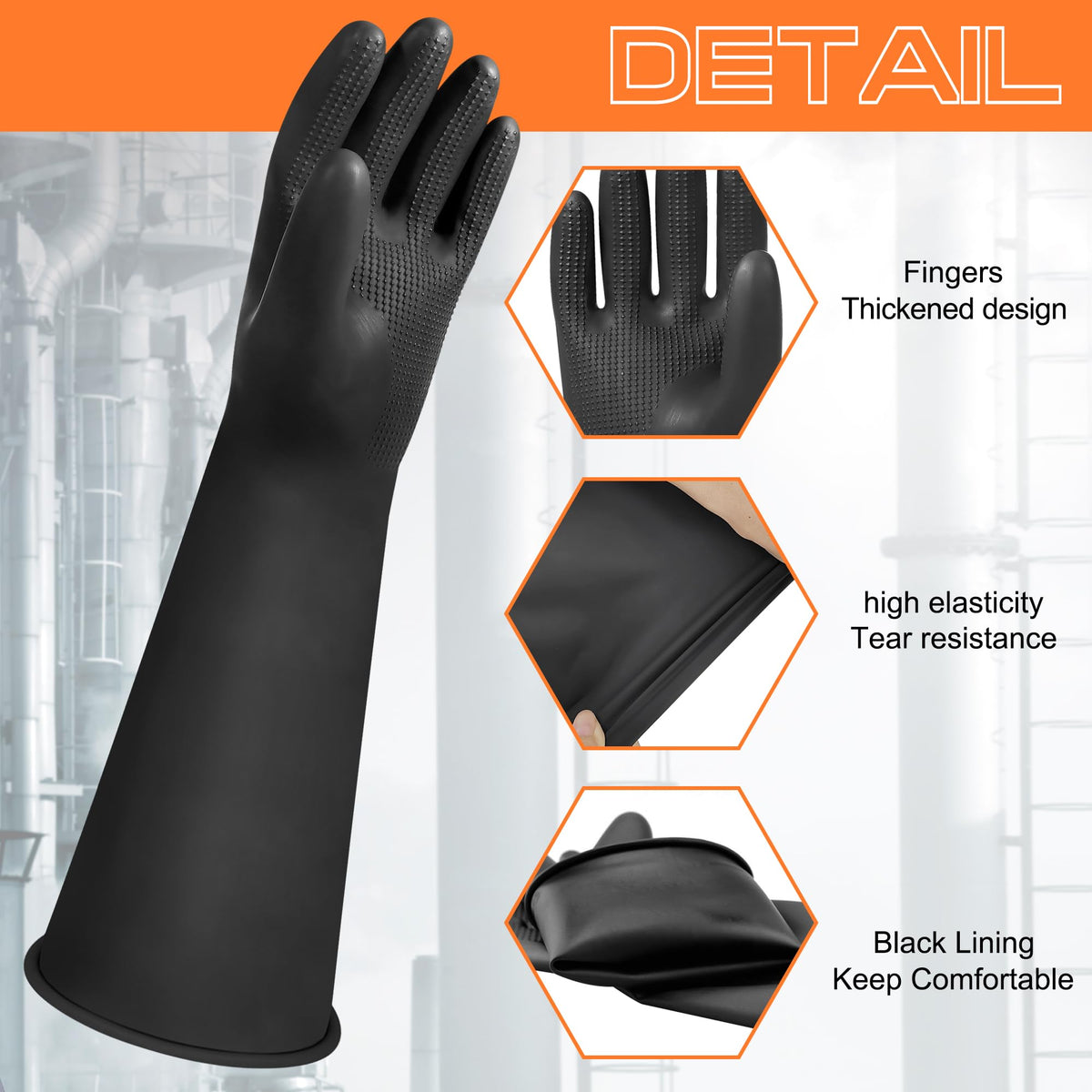 18" Chemical Resistant Gloves, Black Heavy Duty Rubber Gloves
