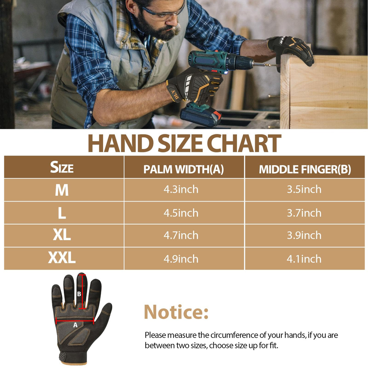 Work Gloves for Men, TPR Impact Protection, Mechanic Gloves,Brown,XL