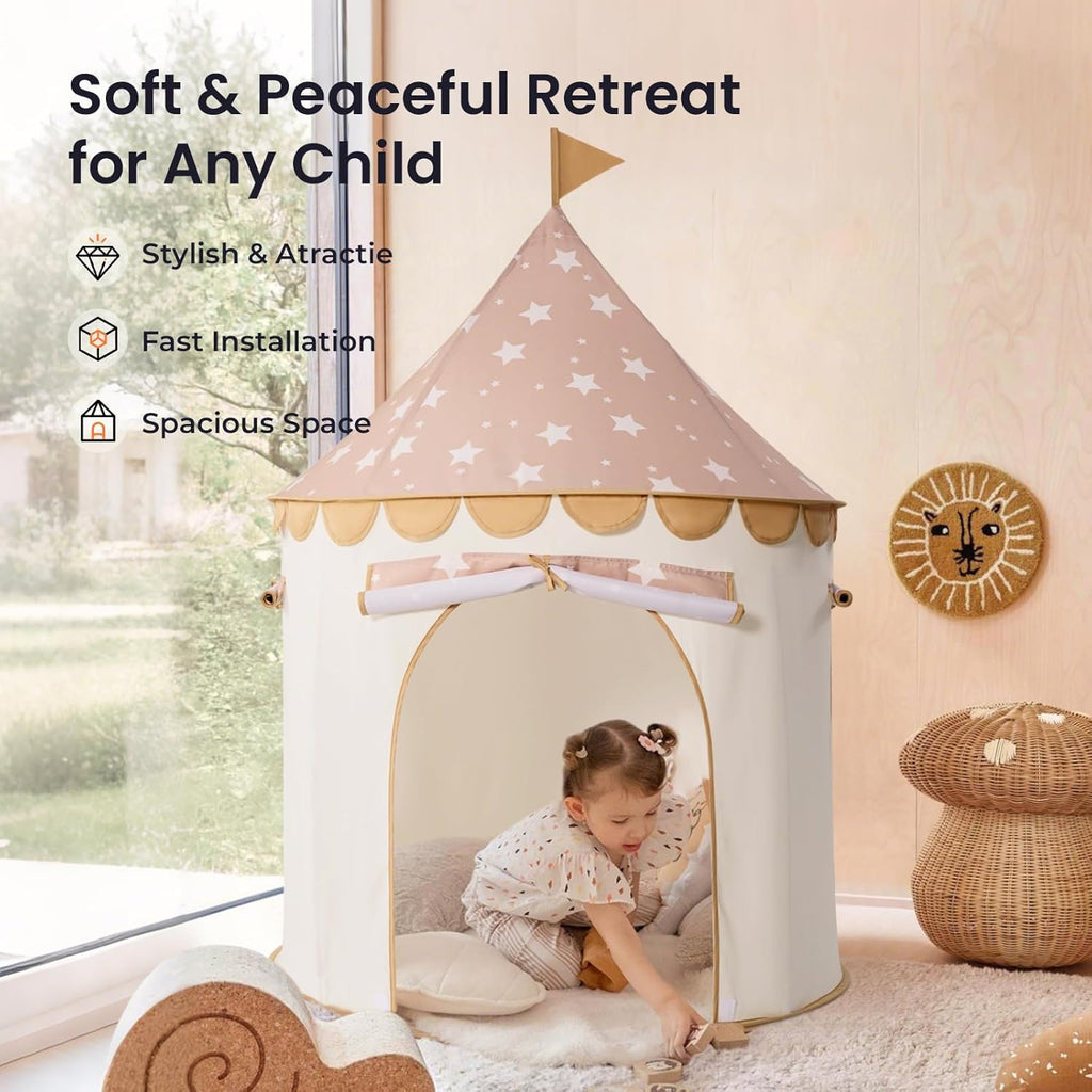 Play Tent with Padded Mat & LED Lights, Kids Tent, Playhouse, Khaki Castle Pop Up Tent for Kids Indoor