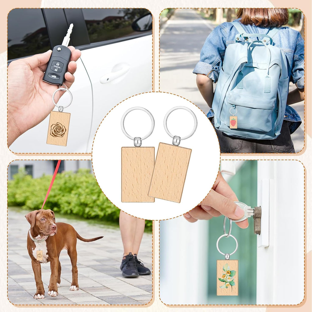 100 Pcs Wood Keychain Blank, Unfinished Laser Engraving Blanks | With Key Rings, Rectangular Keychain Ring Tag Wood