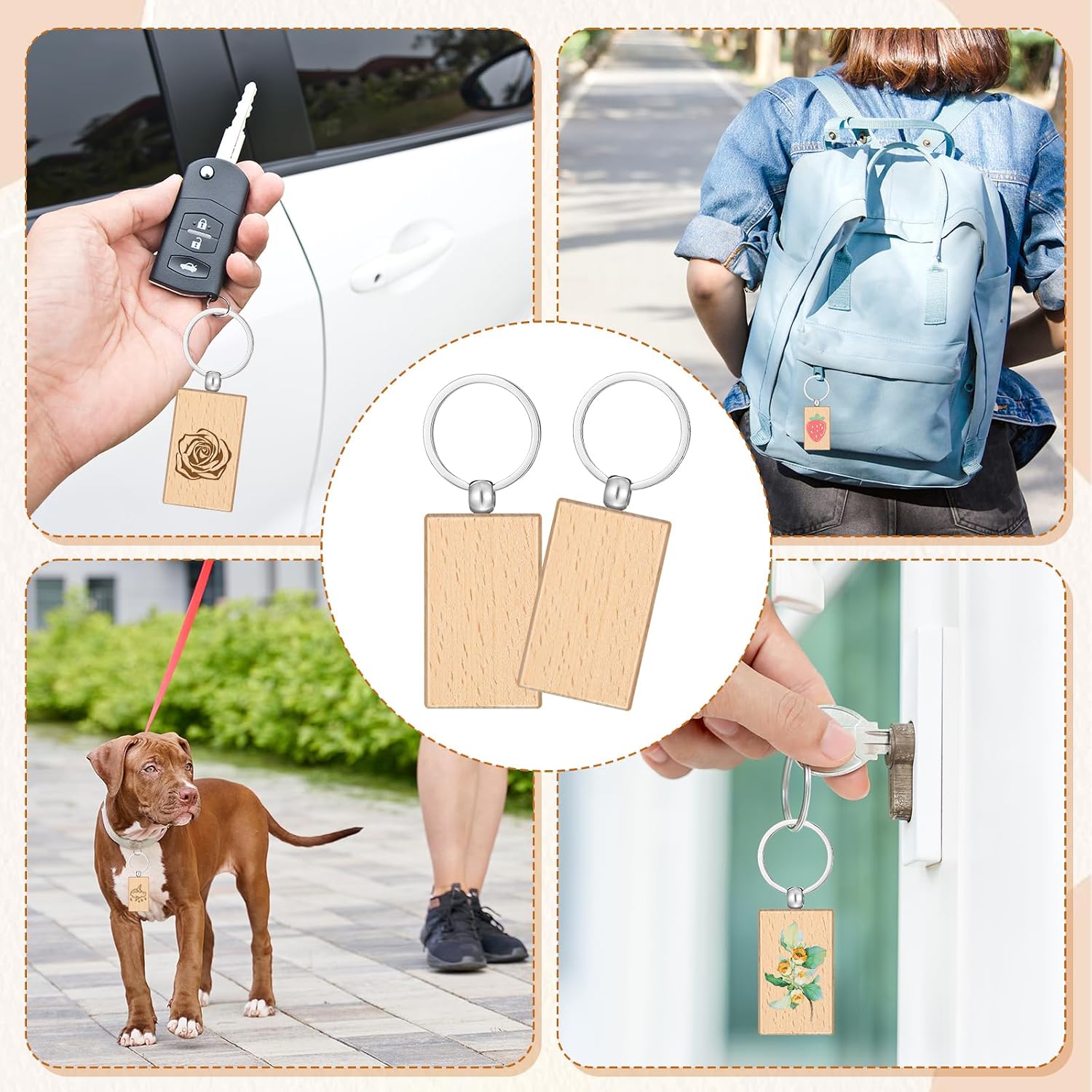 100 Pcs Wood Keychain Blank, Unfinished Laser Engraving Blanks | With Key Rings, Rectangular Keychain Ring Tag Wood