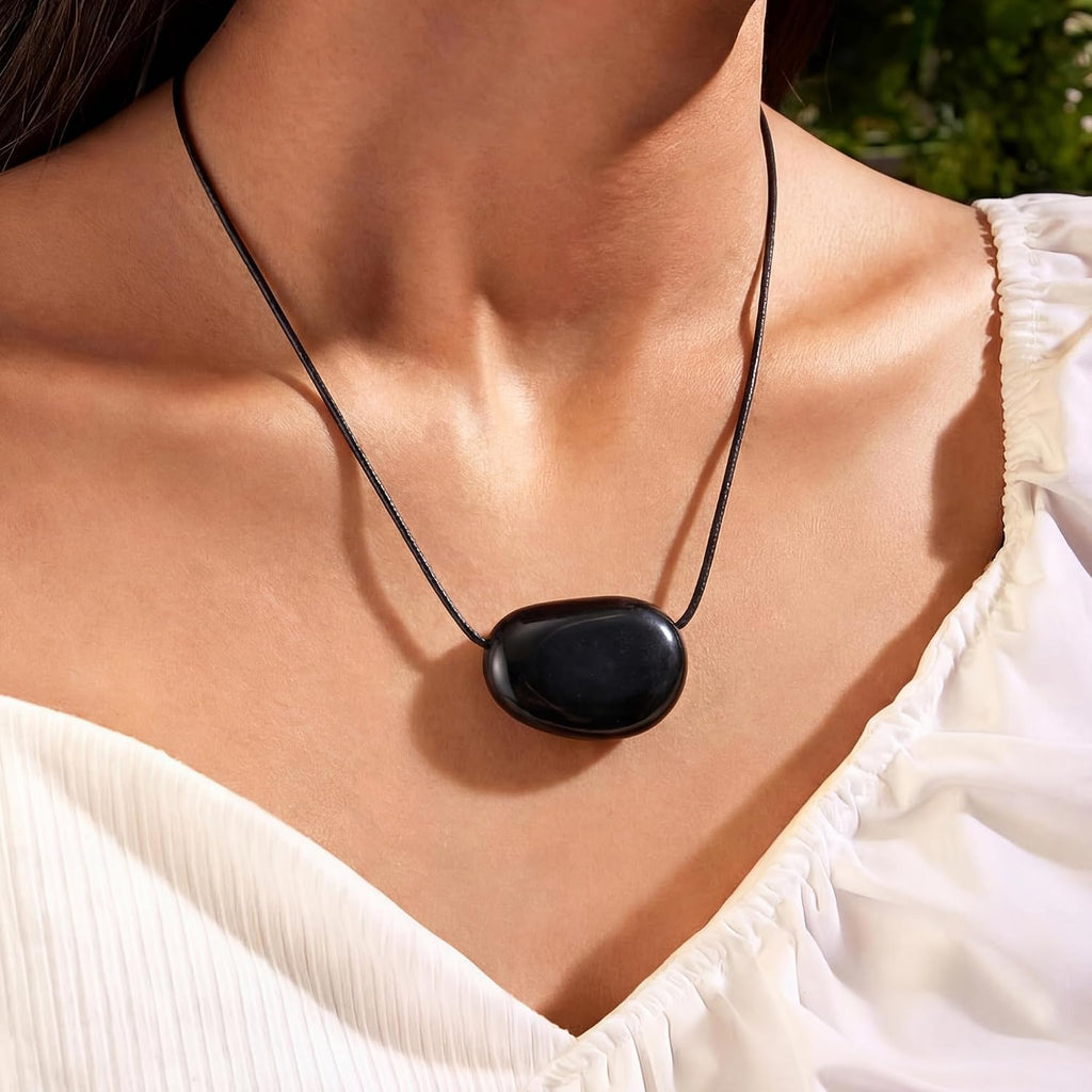 Silver Plated Pebble Pendant Necklace for Women,Chunky Silver Bean Necklace,Large Charm Pendant Necklaces,Black Cord