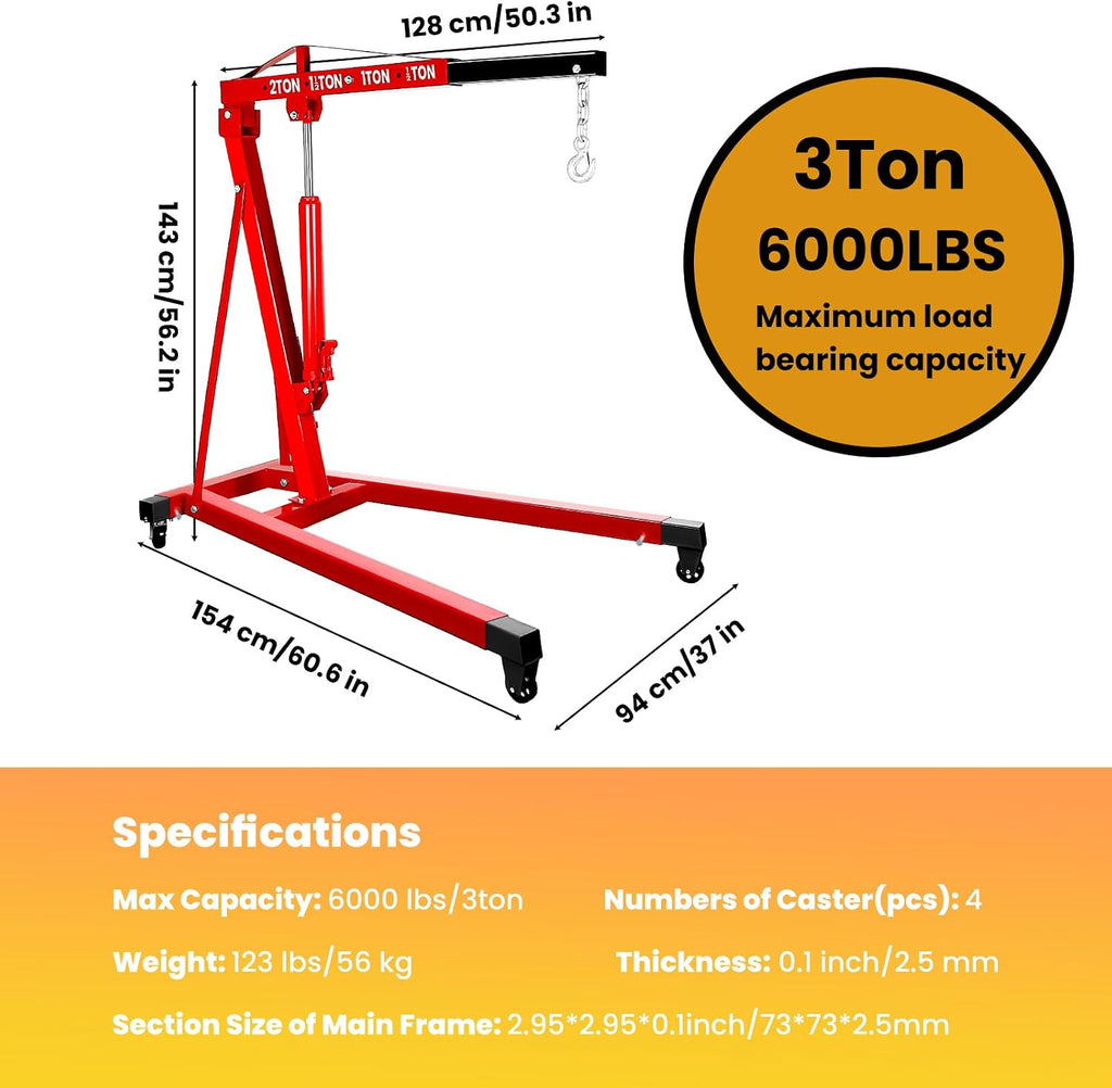 3Ton Engine Hoist Cherry Picker with 8 Ton Hydraulic Pump-6000 lb Heavy Duty Engine Lift Crane