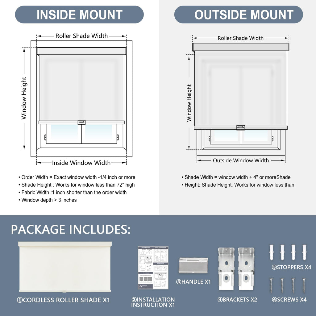 Light Filtering Roller Shades for Windows, 34" W x 72" H, Ivory