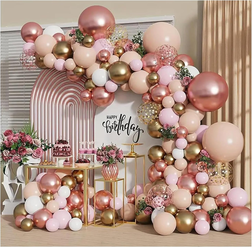 Rose Gold Balloon Garland Kit, Nude Pastel Pink Metallic Gold Matte White Balloons Gold and Rose Gold Confetti