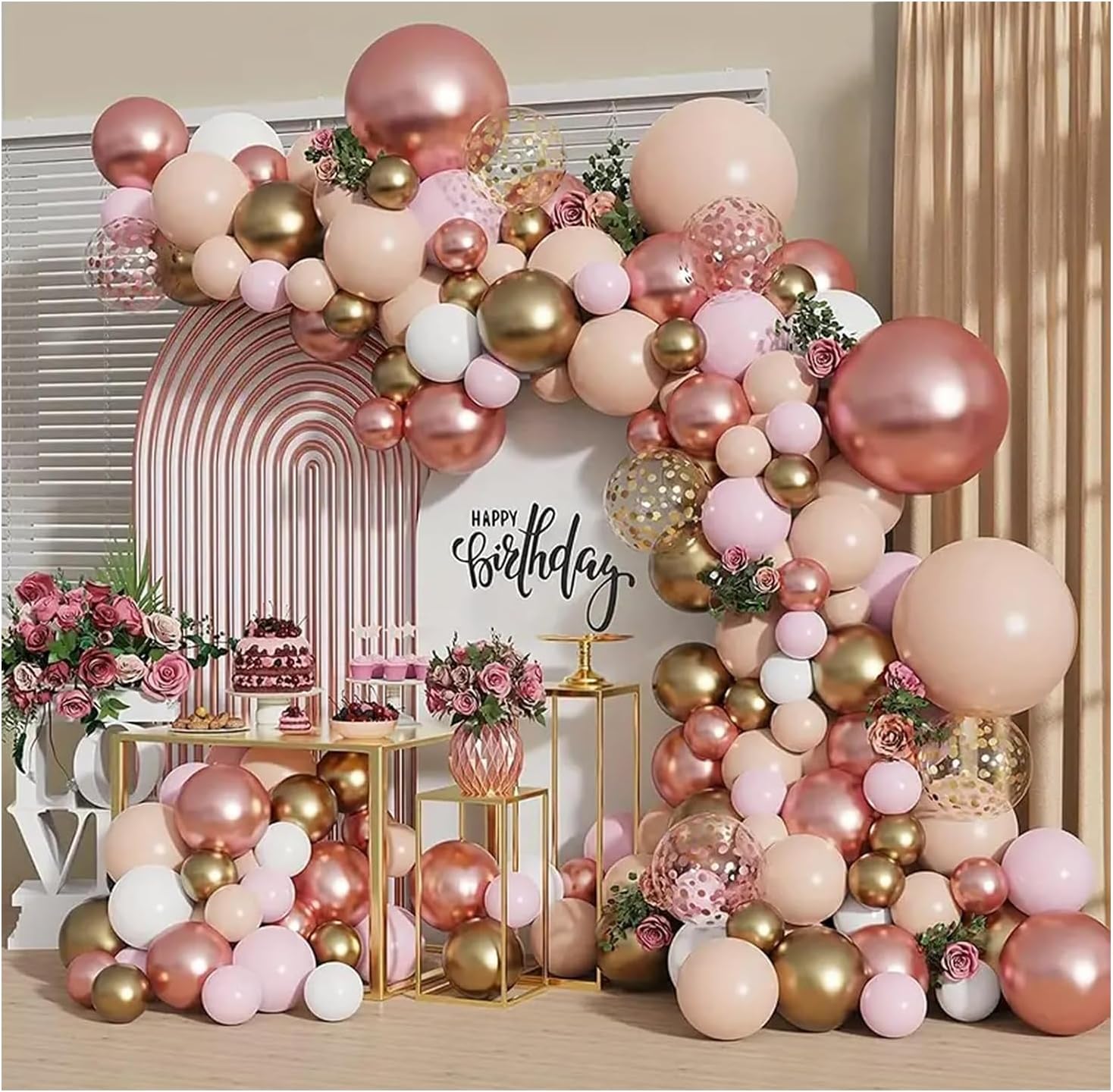 Rose Gold Balloon Garland Kit, Nude Pastel Pink Metallic Gold Matte White Balloons Gold and Rose Gold Confetti