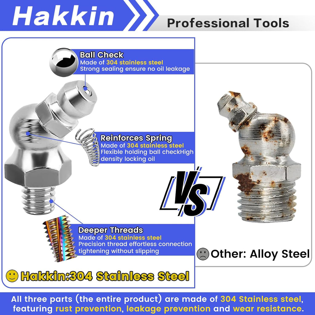 Hakkin Metric Grease Fittings Assortment M6 M8 M10, 304 Stainless Steel