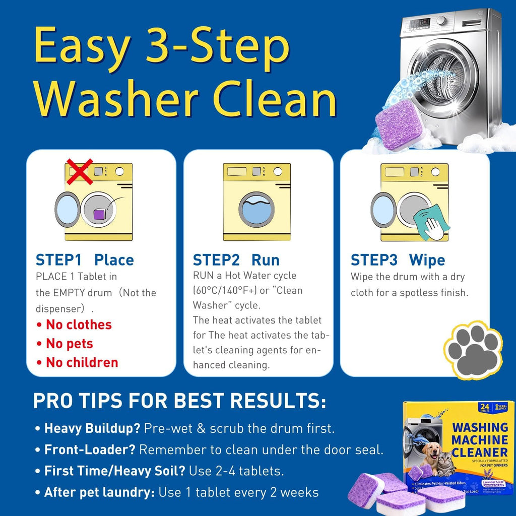 24 Count Washing Machine Cleaner for Pet Hair Relief Tablets - HE-Safe, Septic-Safe, Lavender Scent, 1-Year+ Supply