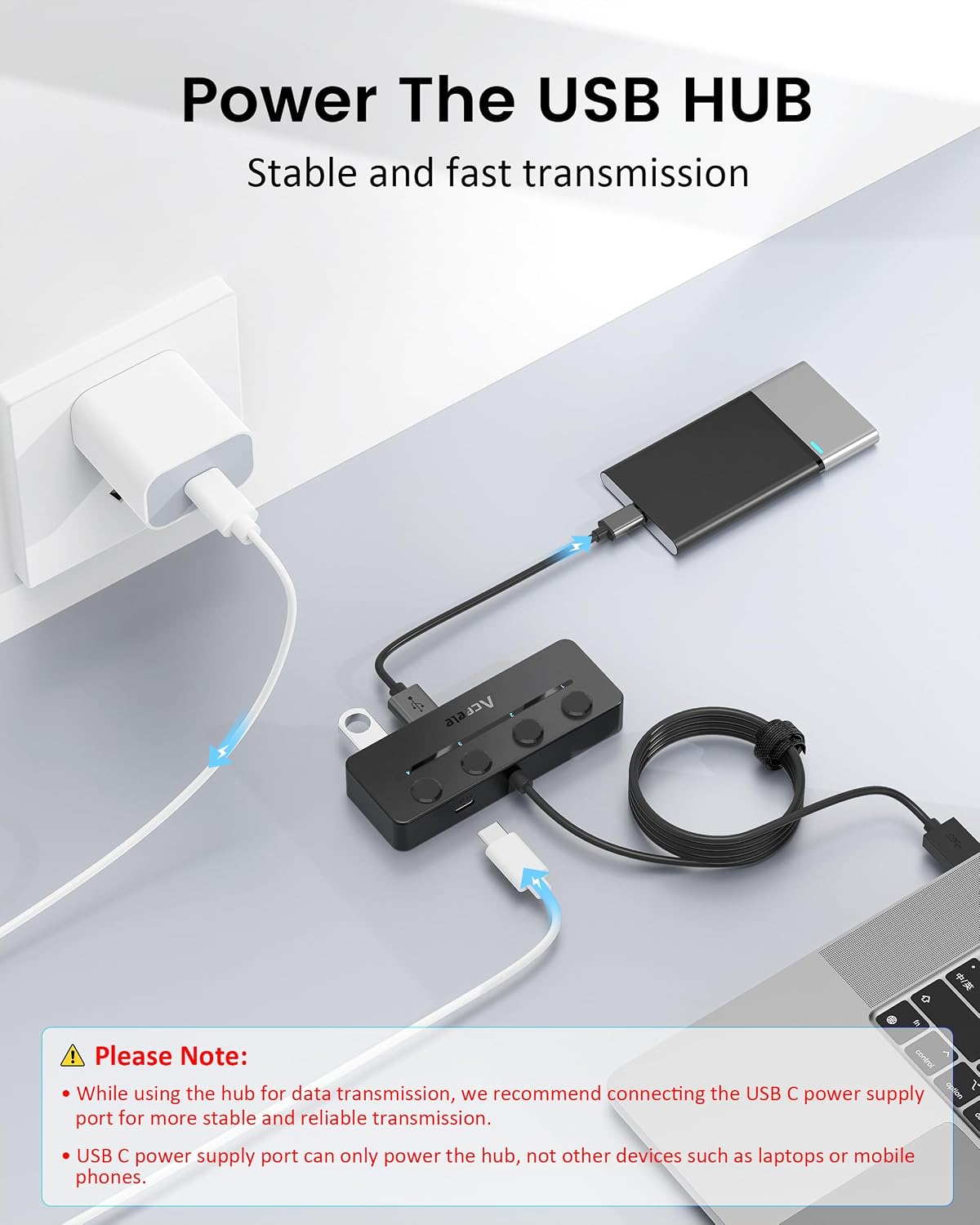 USB Hub 3.0 with Individual LED Power Switches & Type C Power Port, Multiport USB Splitter 3.0 with 4FT Long Cable