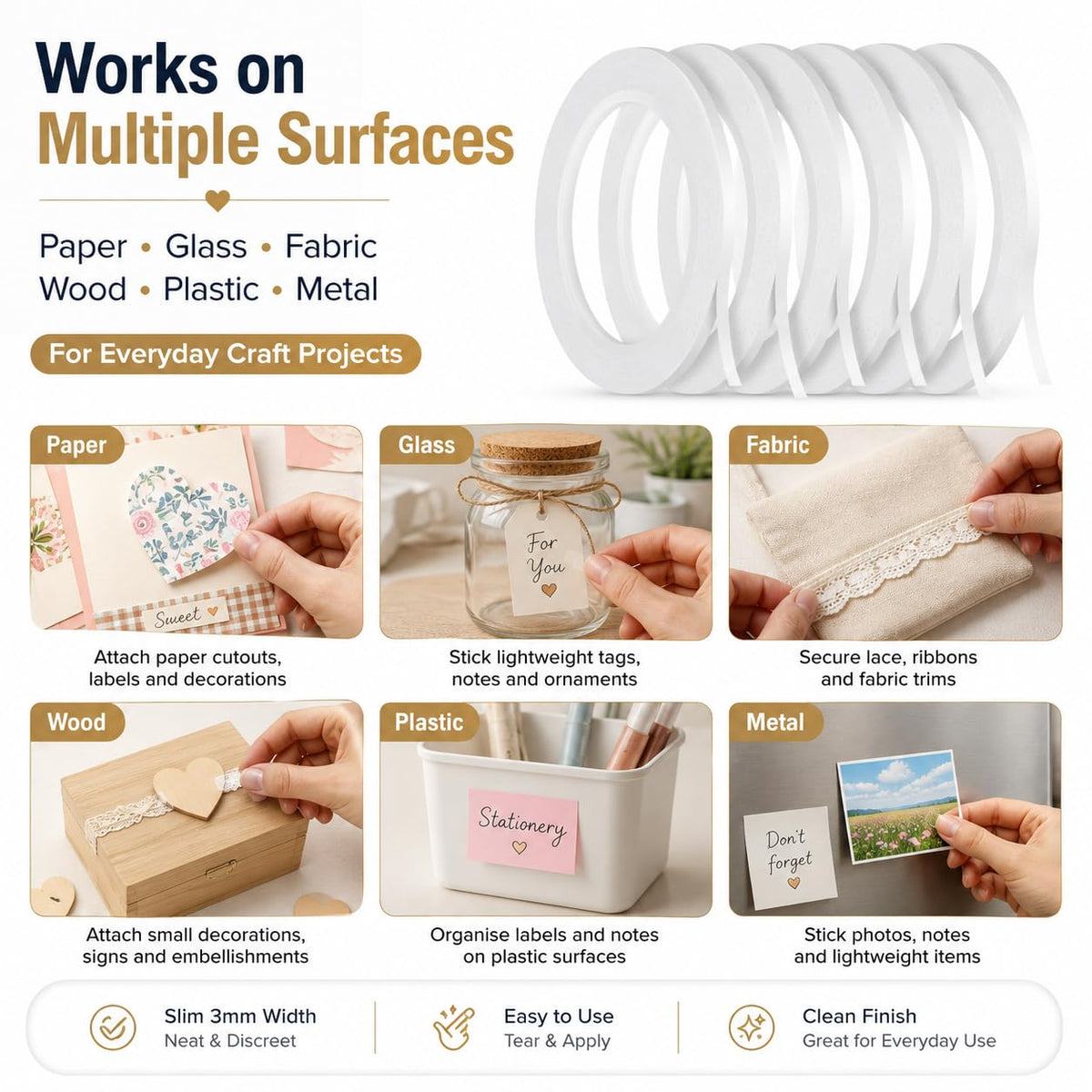 5 Rolls Double Sided Tape for Crafts Scrapbooking, 1/8" Thin Double Sided Adhesive Tape, 82Ft Per Roll