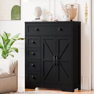 Farmhouse Storage Cabinet with 2 Doors and 5 Drawers, Pure Black