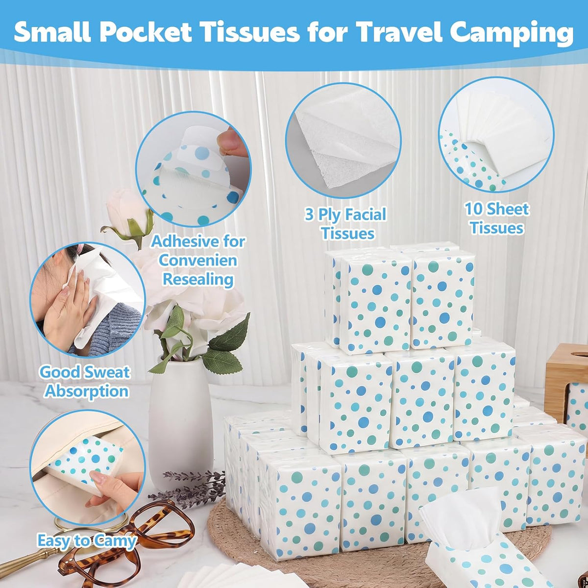 50 Pack Pocket Tissues, 3 Ply Polka Dot Travel Tissues