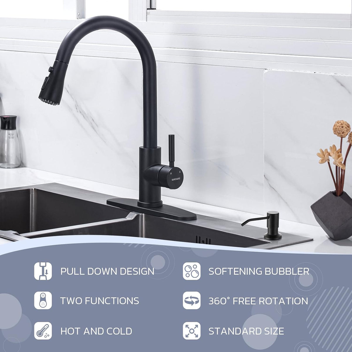 Kitchen Faucet with Soap Dispenser Set, Pull-Down, Matte Black