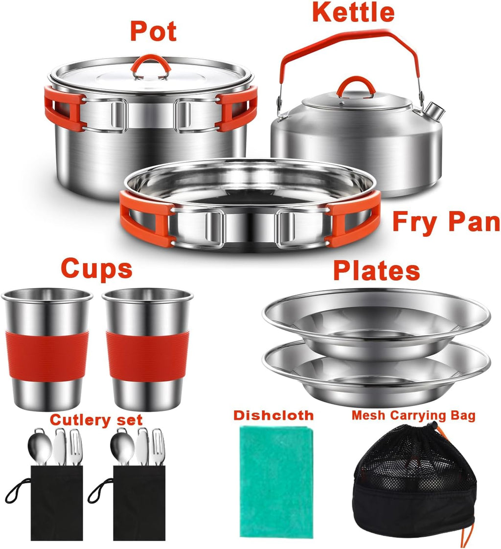304 Stainless Steel Camping Cookware Set - Mess Kit with Pots, Pans, Kettle, Plates, Forks, Knives, Spoons for 2
