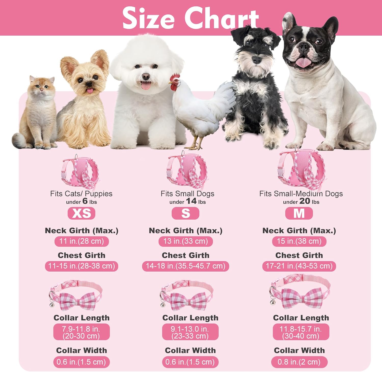 Cute Dog Harness Collar Leash Set - Pink Girl Dog Harness Checkered Step-in Design, Detachable Bow Pet Collar
