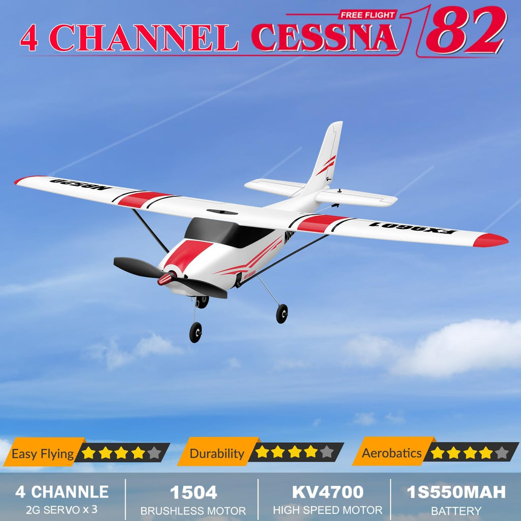 4CH Cessna RC Plane, Brushless Trainer Aircraft for Beginners | Brushless w/3 flight modes, 6-axis gyro, supports
