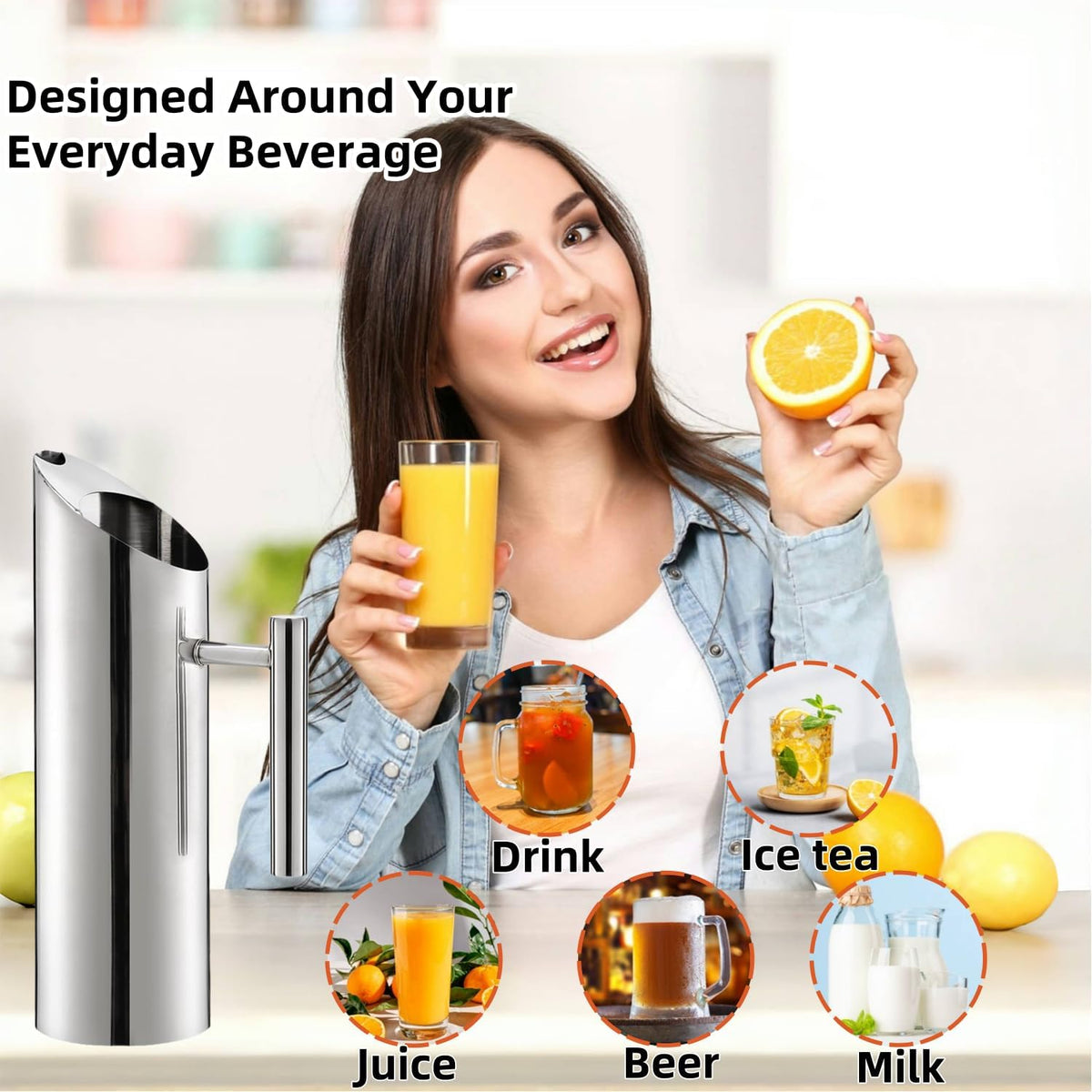 53oz Stainless Steel Water Pitcher with Handle, Ice Guard Carafe for Drinks