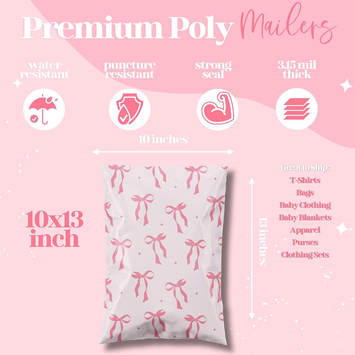 Poly Mailer 10x13, Pink Bows, 100 Pack