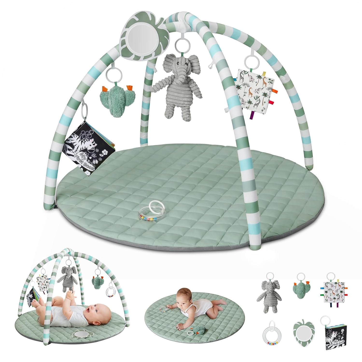 Baby Play Gym Mat, Play Mat Activity Mat with 6 Detachable Toys for Stage-Based Sensory & Motor Skill Development