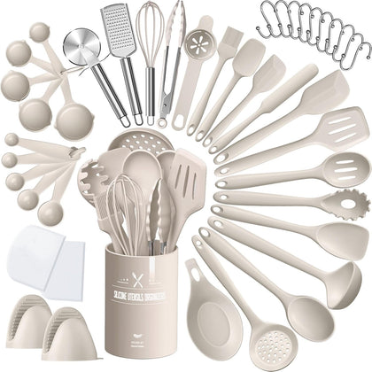 Silicone Kitchen cooking Utensils Set, AIKKIL 43 Pcs Heat Resistant Khaki Cooking Utensils Set, Turner, Tongs, Spoon