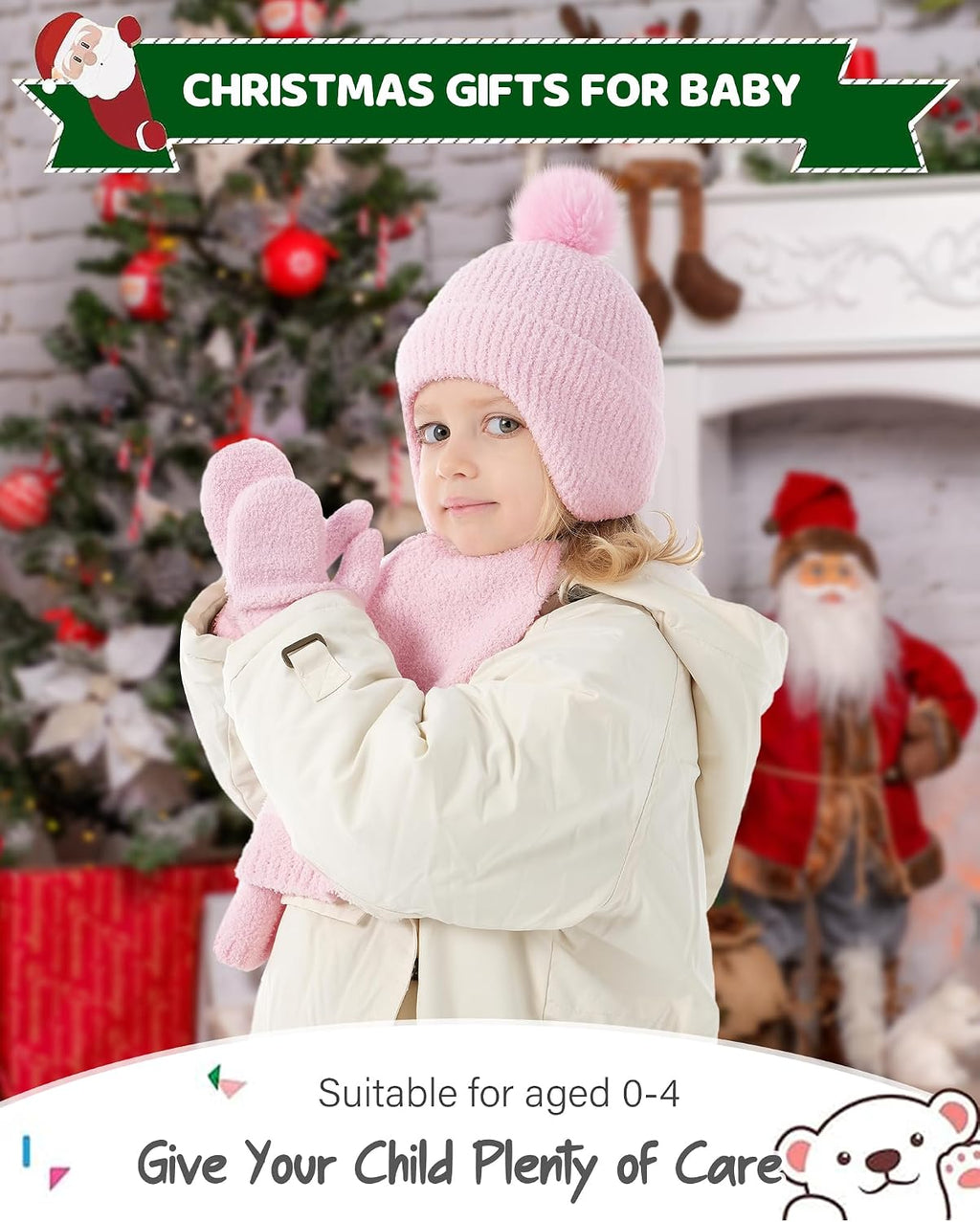 Toddler Kids Winter Hats Mittens Gloves Scarf Set Age 0-4 | Warm Knit Baby Beanies Hats with Ear Flaps, Fleece Neck