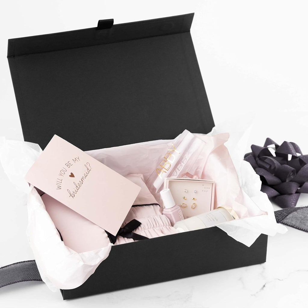 Hard Black Gift Box With Magnetic Closure Lid 10.5"x7"x3" Pack Of 2 Black Ribbed Rectangle Favor Boxes With Black