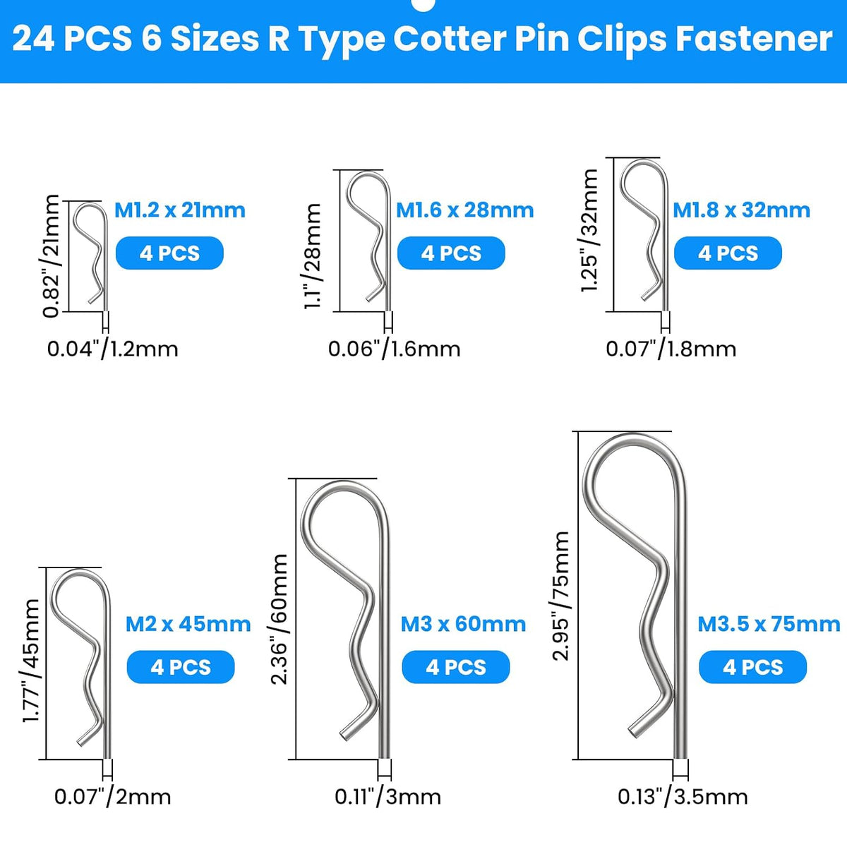 24 PCS R Clips Cotter Pin Spring Fastener Assortment Kit
