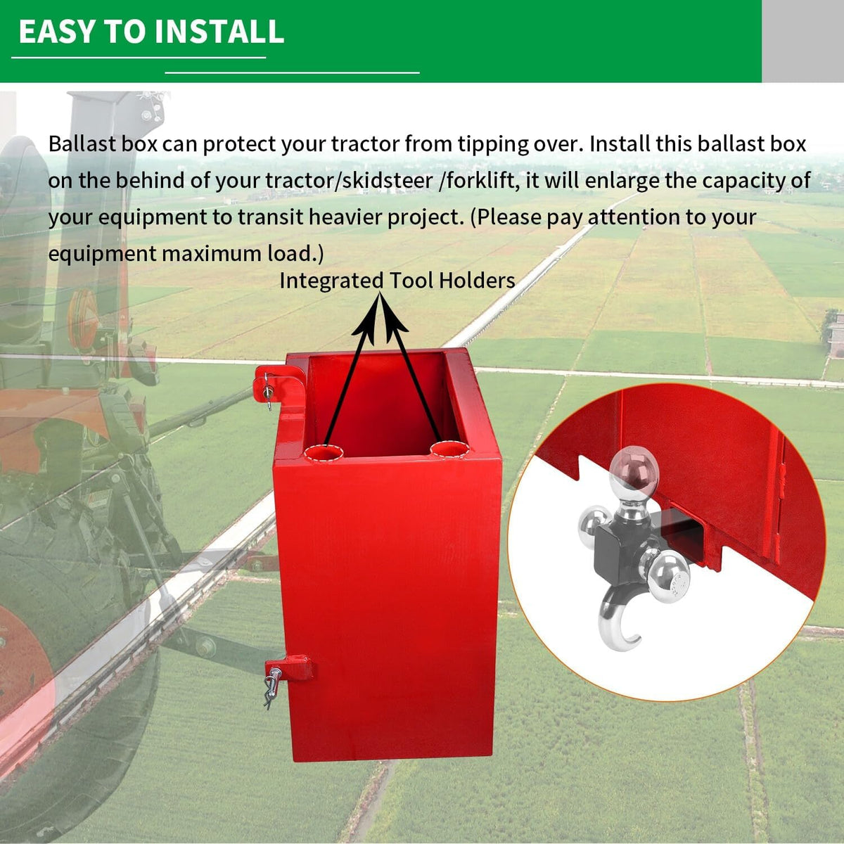 Suitable for Red Ballast Box for Category 1 Tractors - 3-Point Counterweight with Quick Tach Hitch