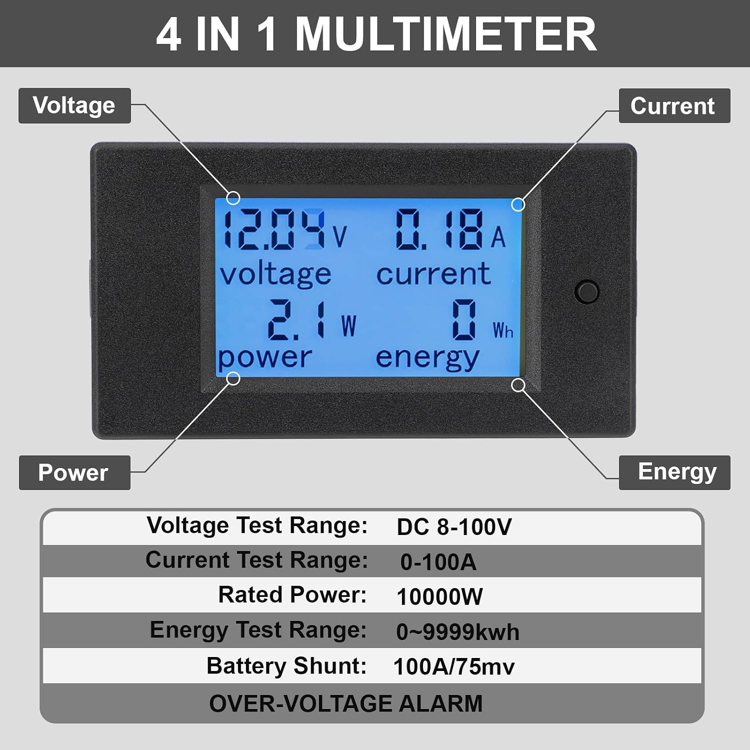 DC Power Meter, 8-100V 100A Volt Amp Watt Meter, LCD Display Multimeter Voltage Current Energy RV Battery Monitor