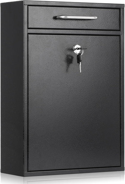 Metal Mailbox Wall Mount, Locking Mailbox with Key Lock, Black, XL | Large Capacity Hanging Secure Postbox, Steel