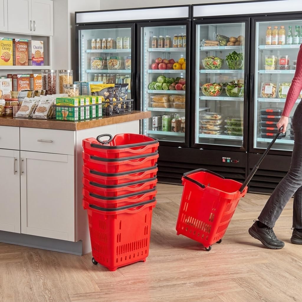 Red Plastic Shopping Basket with Wheels, 21.25 x 16.5 Inch, 45 lb Capacity, Stackable, Telescopic Handle, 6 Pack