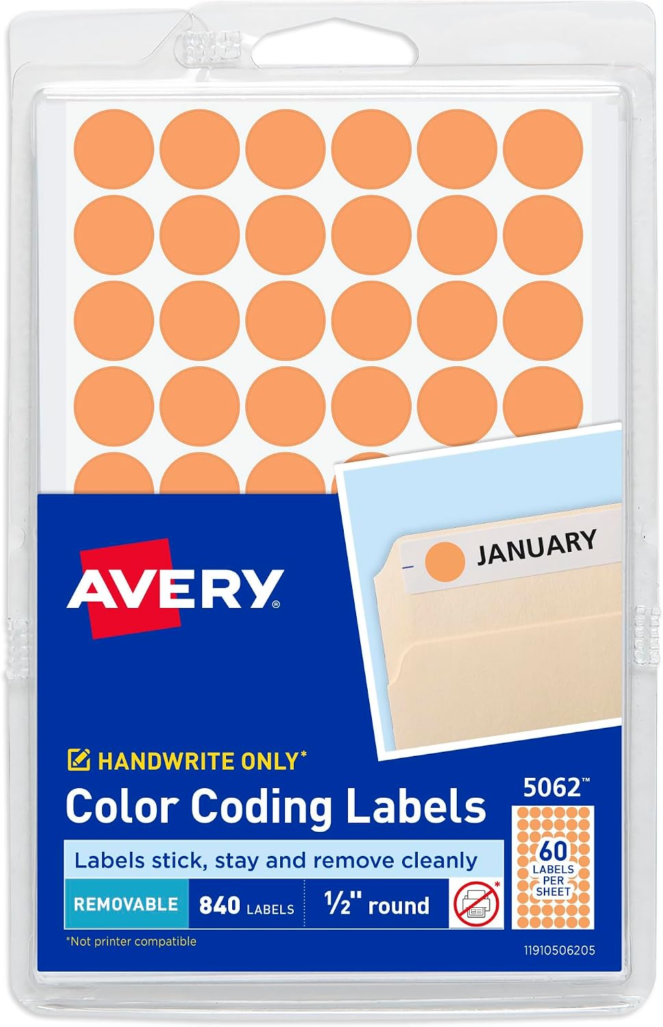 Color-Coding Removable Labels, 1/2 Inch Round Stickers, Neon Orange, Non-Printable, 840 Dot Stickers Total (5062)