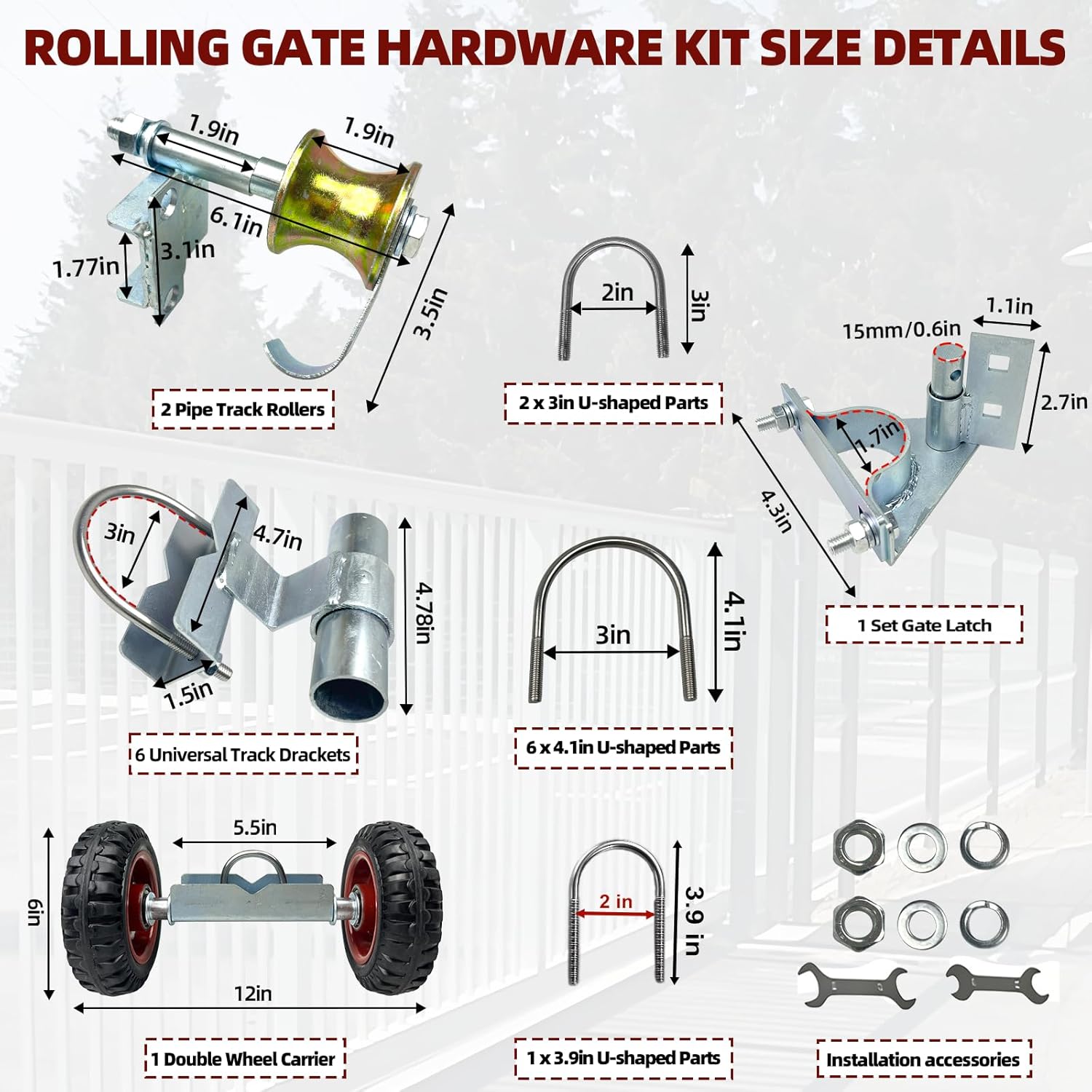 Rolling Gate Hardware Kit for Farm, Fence Gates, Rolling Gates- Includes 6" Double Wheel Carrier, 6 Universal Track