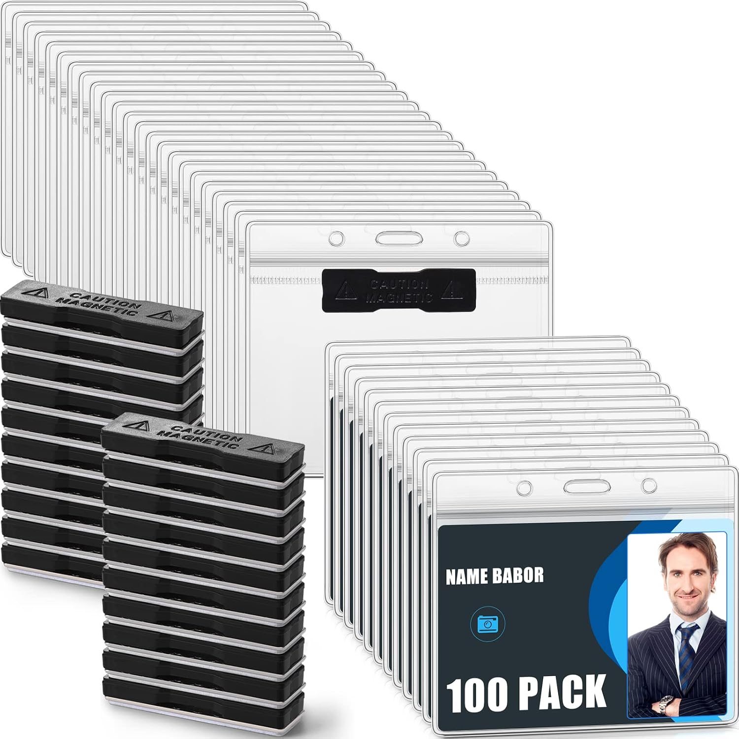 100 Pack Magnetic Name Badge Holders 4.5" x 3.9" Clear PVC Horizontal ID Card Holder with Magnet Backing, Waterproof