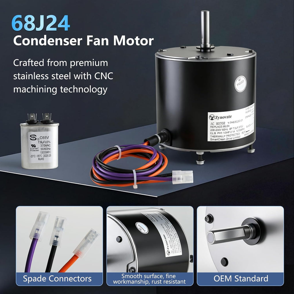 68J24 Condenser Fan Motor 1/3 HP 1075 RPM 208-230V 2.1A 60HZ AC Fan Motor