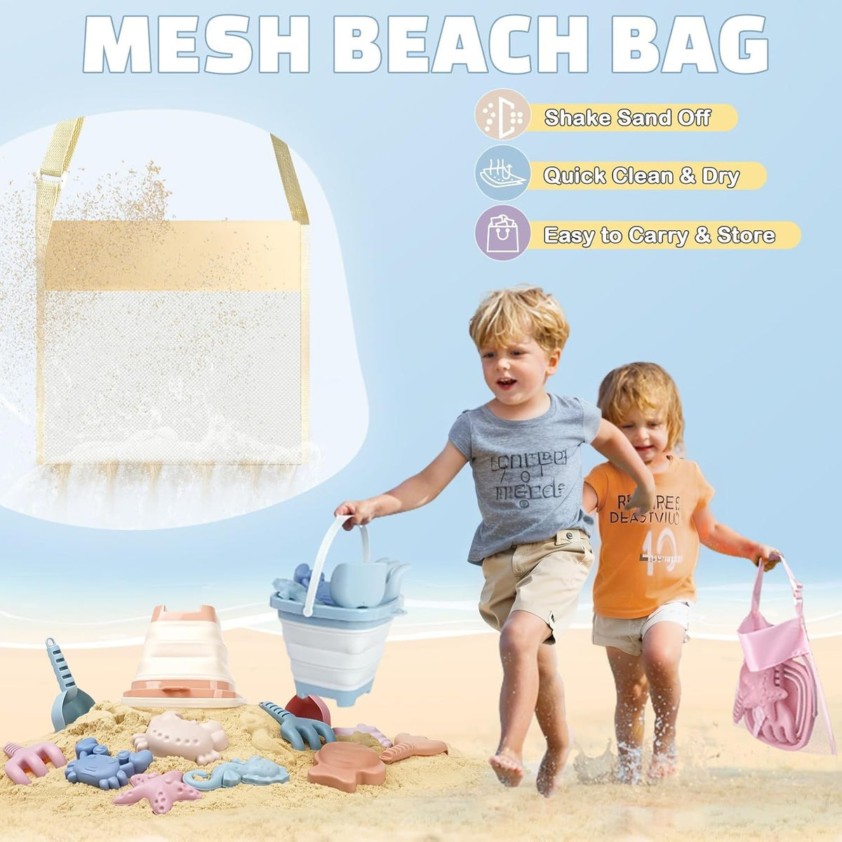 Beach Toys Set for Kids, 3 Pack Collapsible Sand Buckets and Shovels Set | Collapsible Beach Bucket Set with Mesh