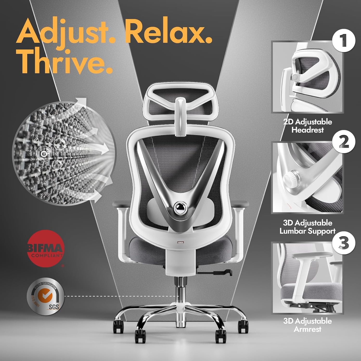 Ergonomic Mesh Office Chair - 3D Adjustable Lumbar Support & 3D Armrests, V-Shaped Back, Adjustable Desk Chair for