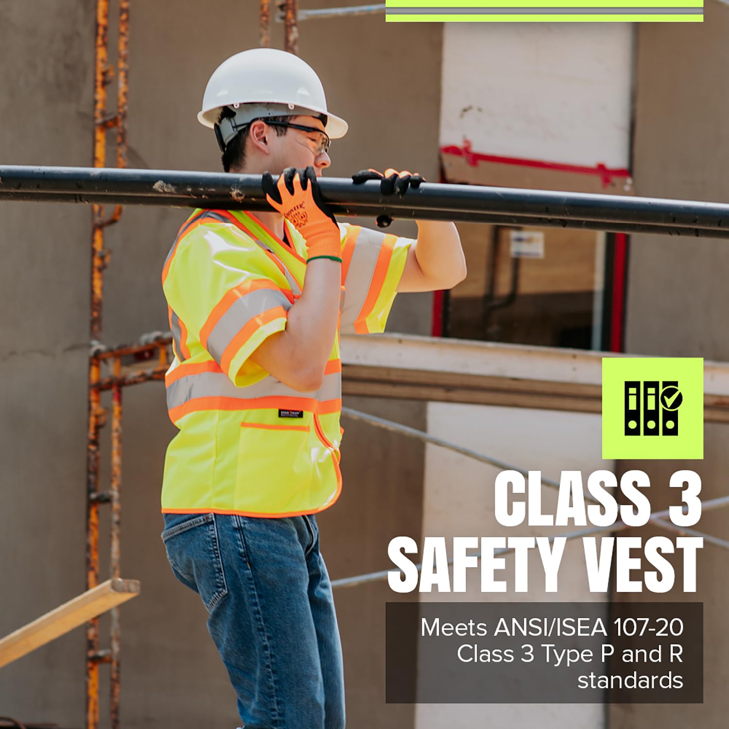 Hi Vis Sleeved Safety Vest For Men & Women - Class 3 - Reflective Tape, Breathable - Pockets - Yellow/Green