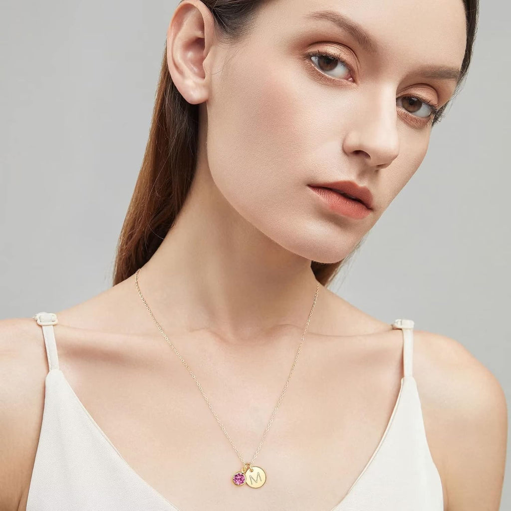 Initial Birthstone Necklaces for Girls Women - 14K-Gold-Plated Disc Letter Necklace Personalized Gift Birthstone
