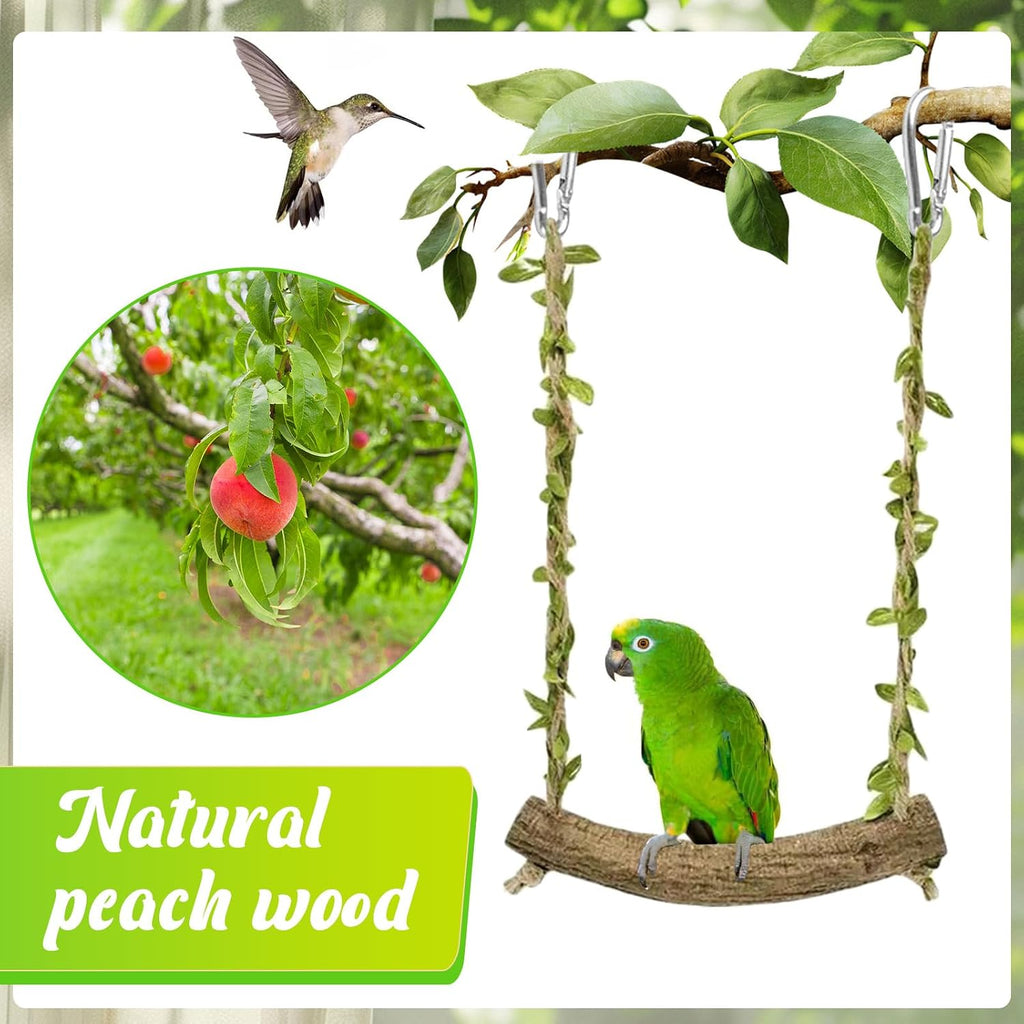 Natural Wood Bird Swing Perch with Decorative Leaves - 7.1" Durable Bird Stand Platform Toy for Cage, Hanging Budgie