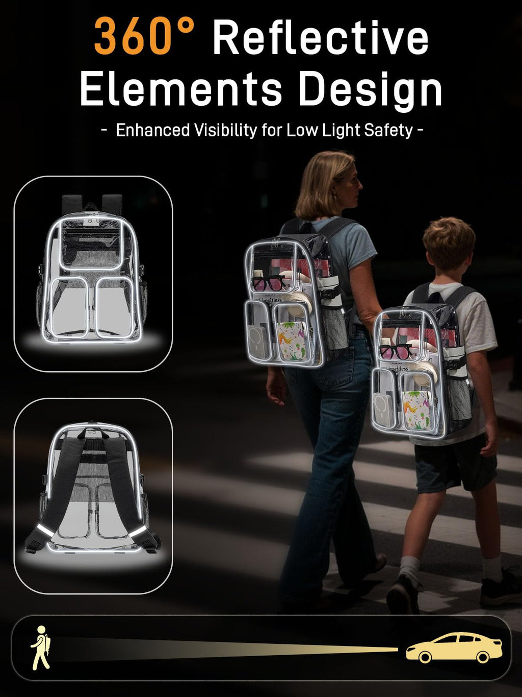 Clear Backpack for School, 17" Large Clear Bookbag with Reflective
