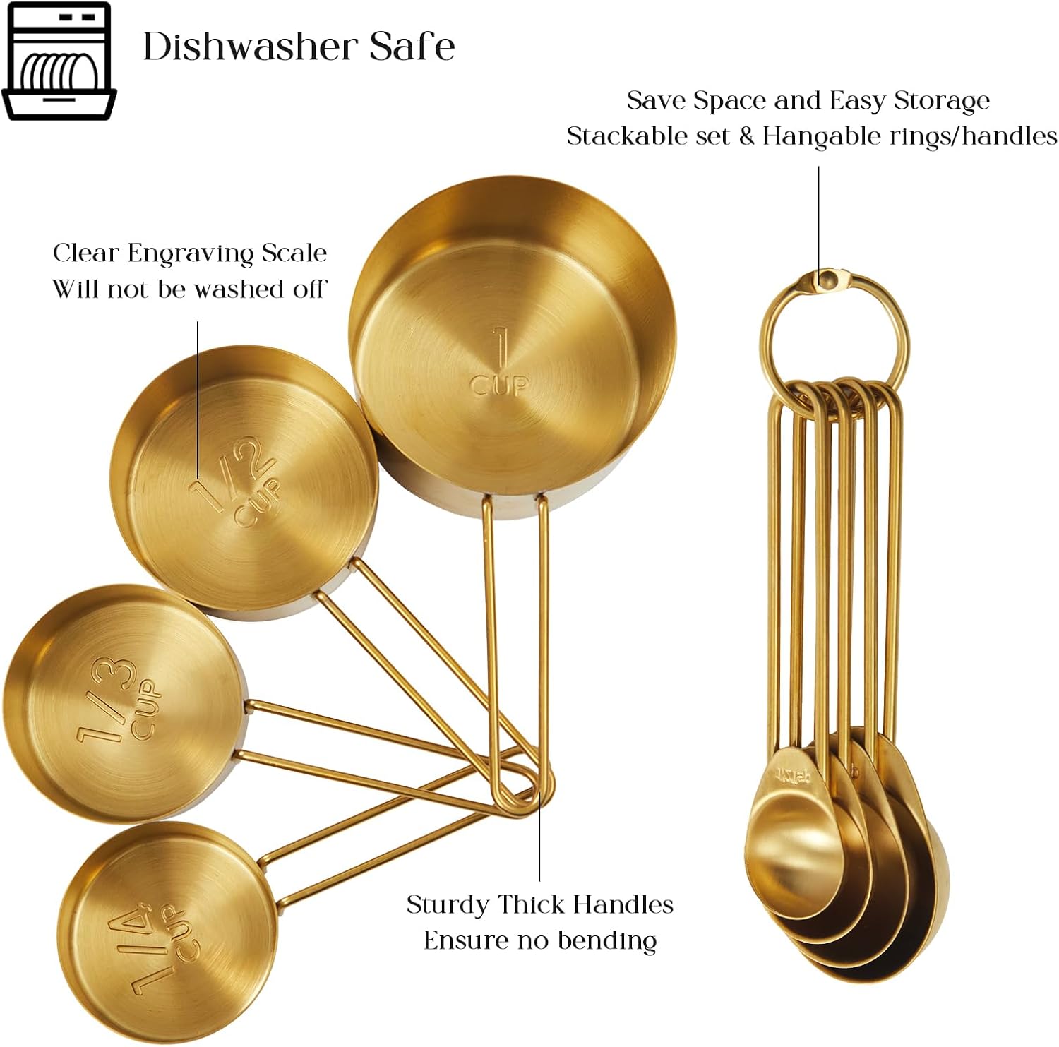 Golden 304 Stainless Steel Measuring Cups and Spoons Set,8PCS Stackable & Long Handle Fits Narrow Jars, Premium Gold