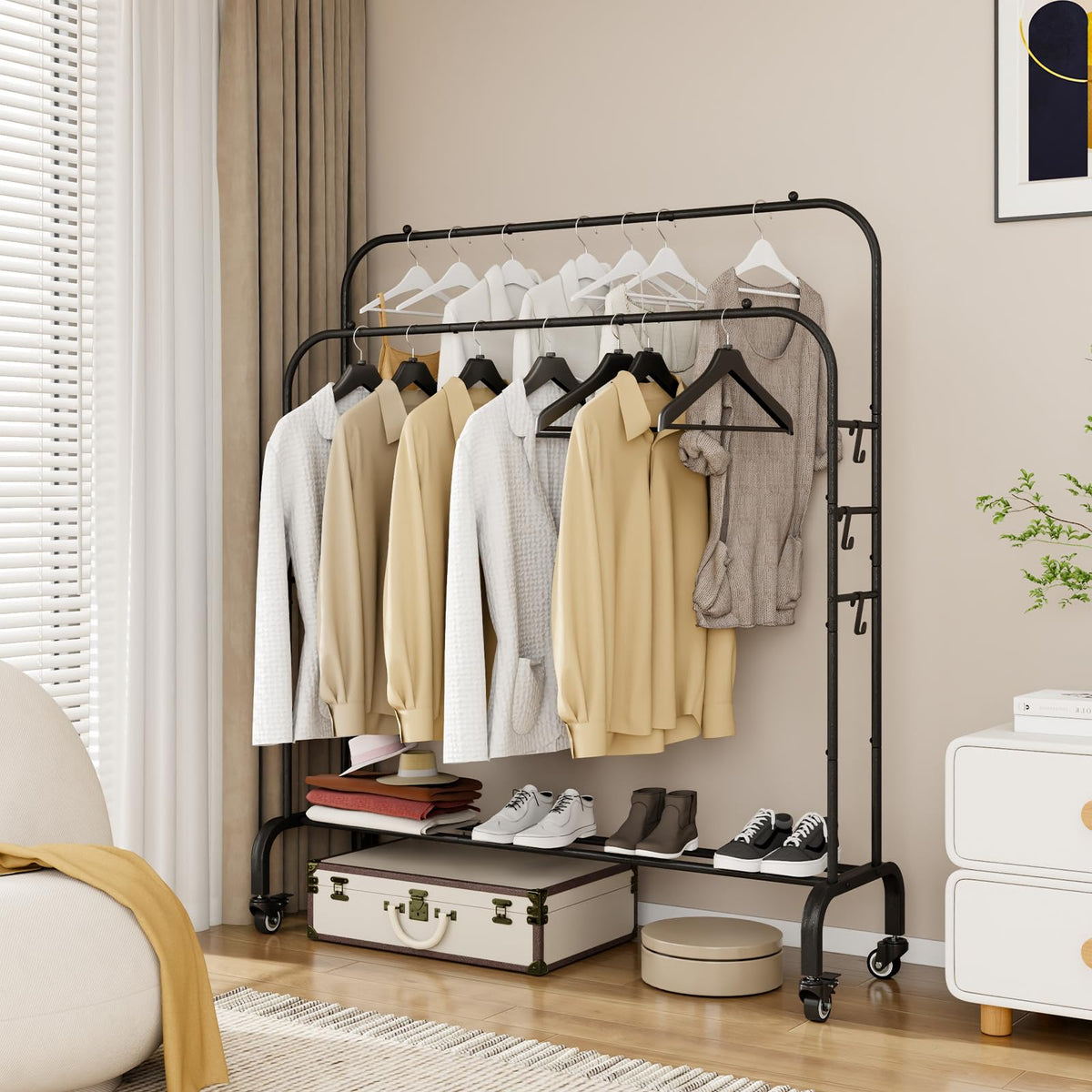 Clothes Rack with Lockable Wheels Double Rods Metal Garment Racks