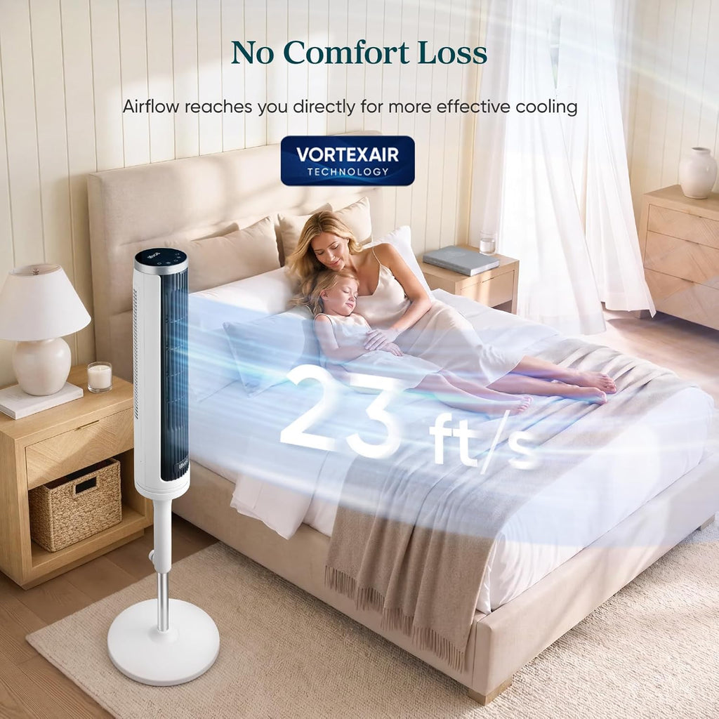 Tower Fan for Bedroom, Standing Fan with 36”-47” Adjustable Height | 28dB Quiet, 23 ft/s Velocity, Bladeless, 90°
