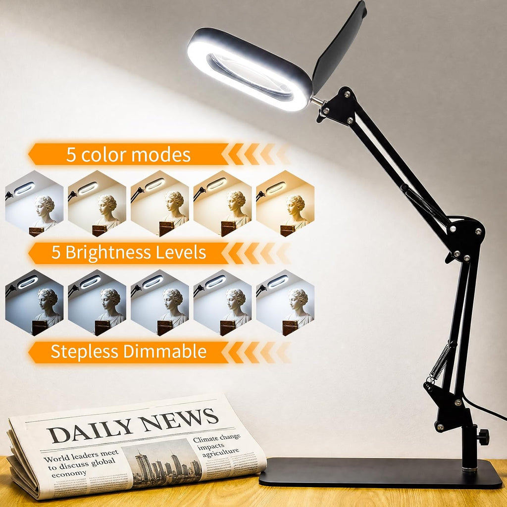 10X 30X Square Magnifying Glass with Light and Stand for Reading, Crafts | LED Magnifier Lamp with Clamp, Real Glass