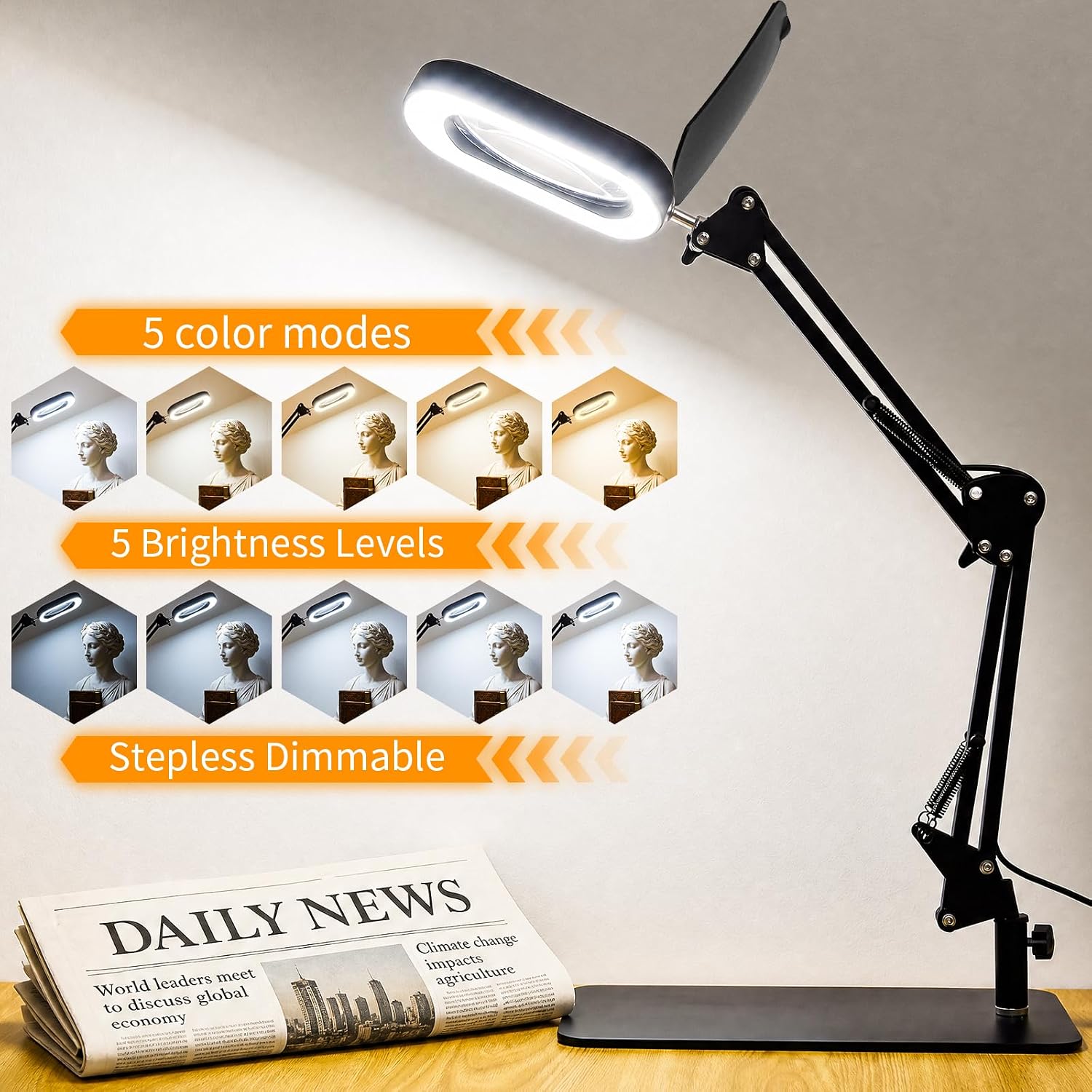 10X 30X Square Magnifying Glass with Light and Stand for Reading, Crafts | LED Magnifier Lamp with Clamp, Real Glass