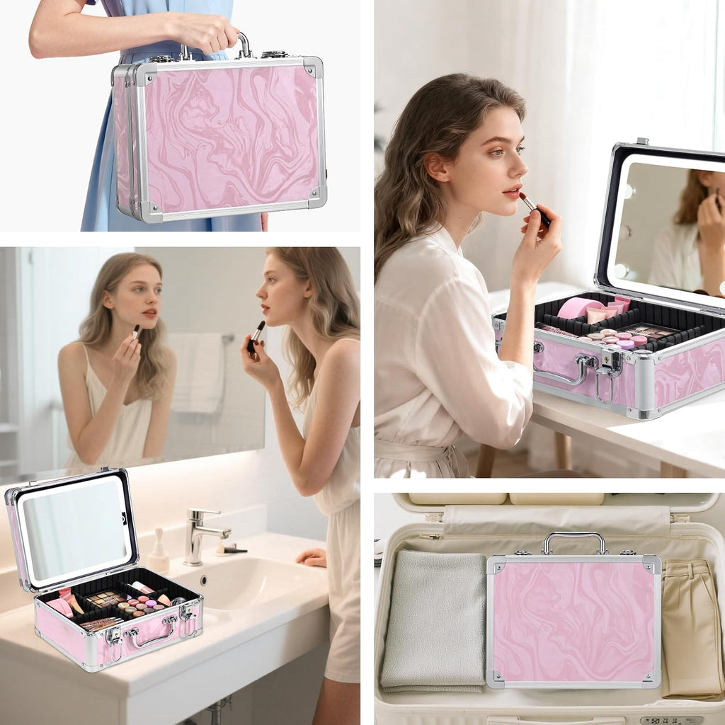 Makeup Case with LED Mirror - Pink Fluid-Color Makeup Box with Detachable Lighted Mirror, Travel Cosmetic Train Case