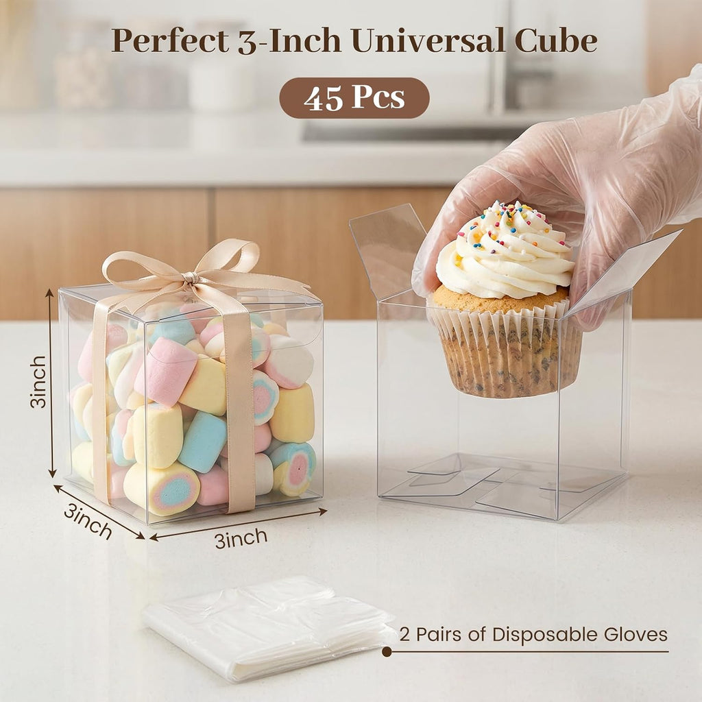 45 PCS Clear Favor Boxes, Large Transparent Plastic Cube Boxes
