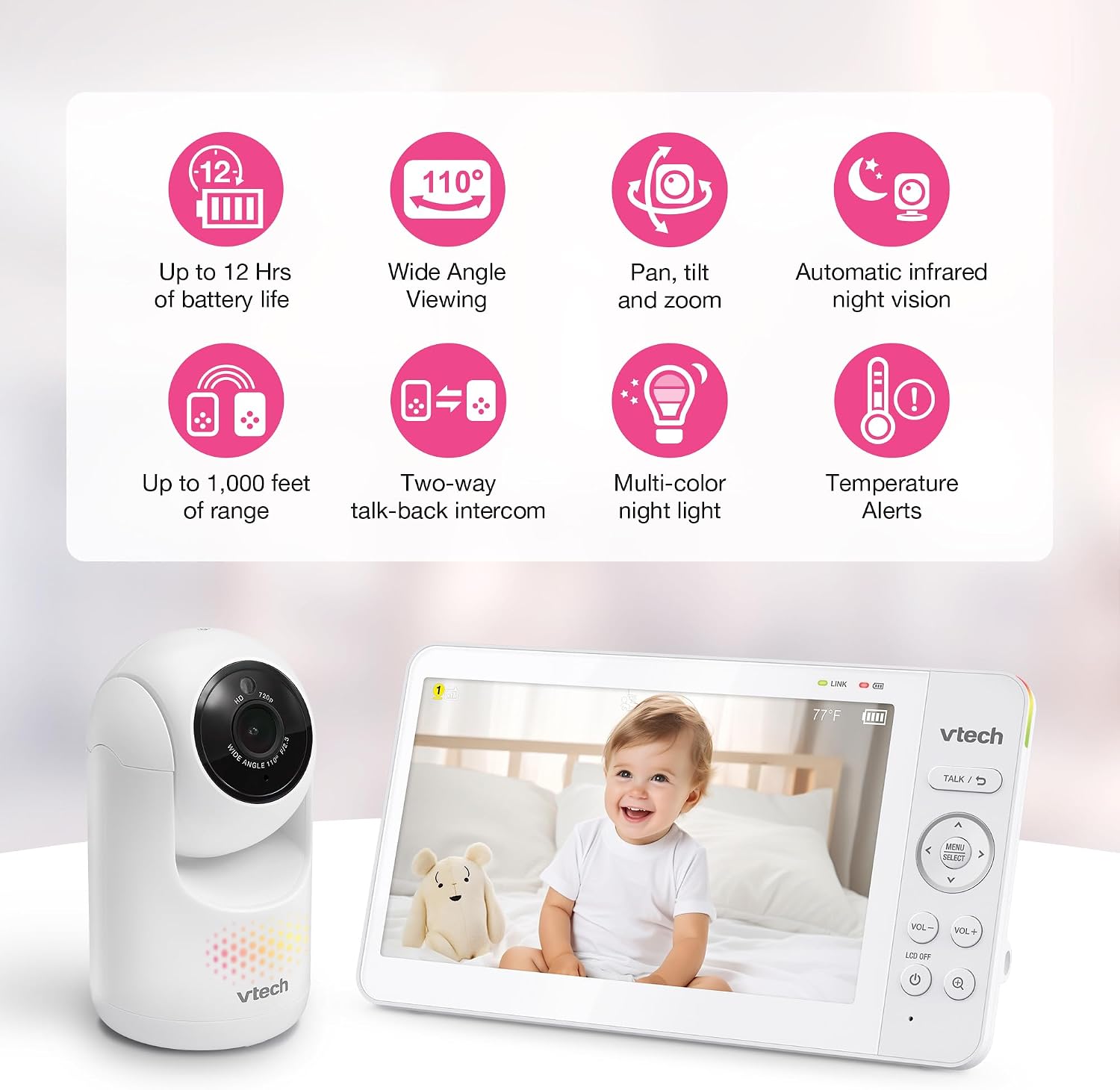 Baby Monitor No WiFi, 7" IPS Screen, 5000mAh 12Hr Battery, 360° PTZ, 4X Zoom, Night Vision, Night Light, 2-Way Talk