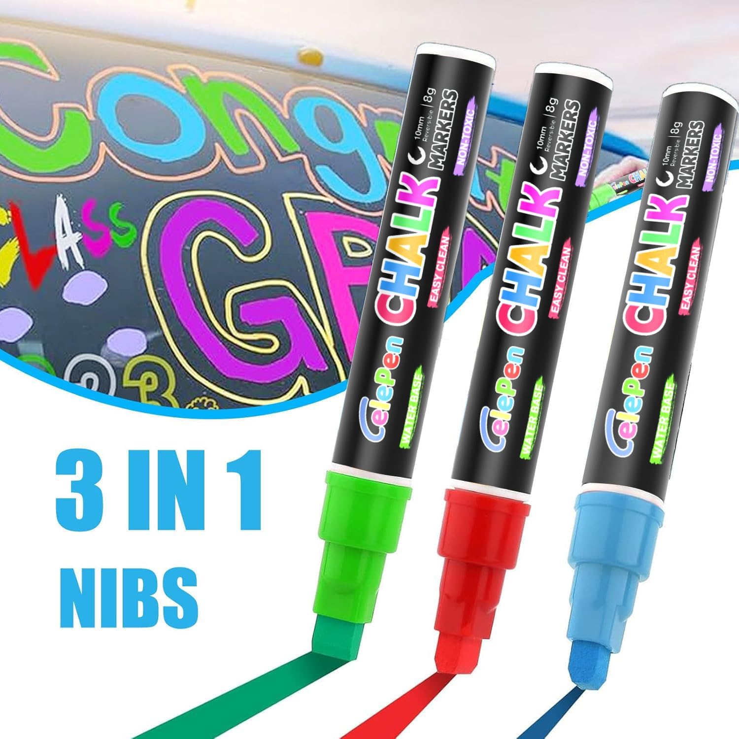 Window Chalk Markers for Cars Glass Washable, 8 Colors Jumbo Liquid Chalk Marker Pens with 10mm 3 in 1 Nib Wide Tip